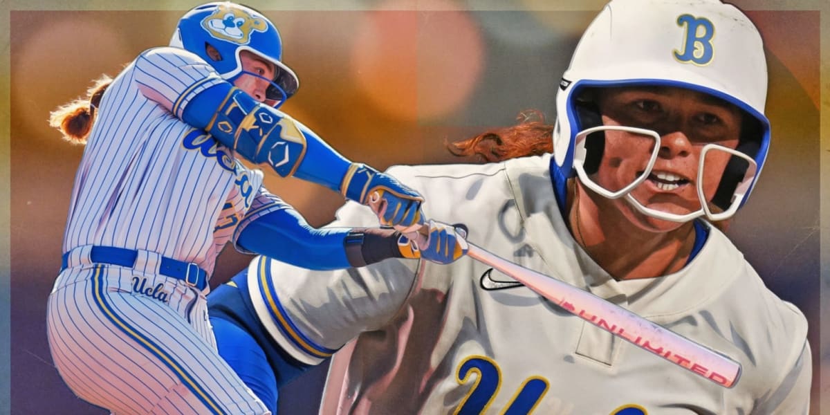 ** UCLA softball player Megan Grant celebrates after hitting record-breaking home run surrounded by teammates