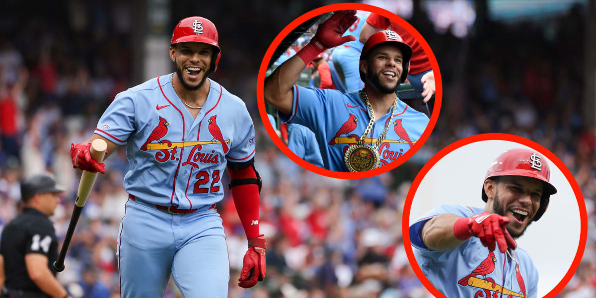 Cardinals rookie Joshua Báez celebrating after hitting one of his three home runs at Wrigley Field