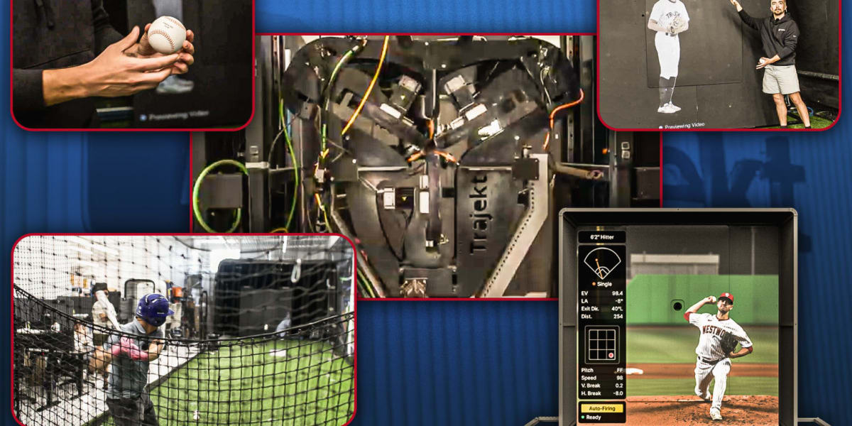 Large pitching machine with video screen in baseball training facility cage