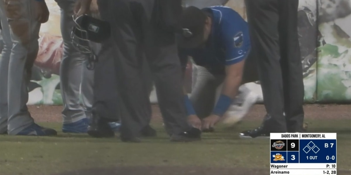 Baseball players gathered in outfield examining ball stuck in grass at minor league game