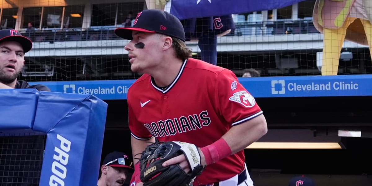 Travis Bazzana in Cleveland Guardians uniform taking the field for his MLB debut