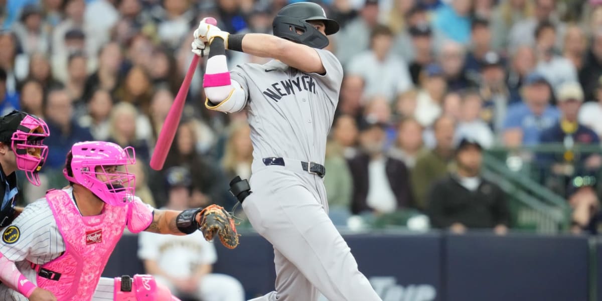Yankees rookie Spencer Jones pumps his fist after recording his first Major League hit