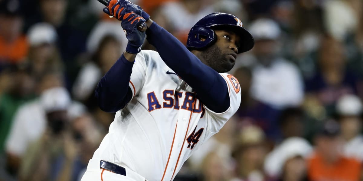** Yordan Alvarez celebrating after hitting grand slam for Houston Astros at Daikin Park