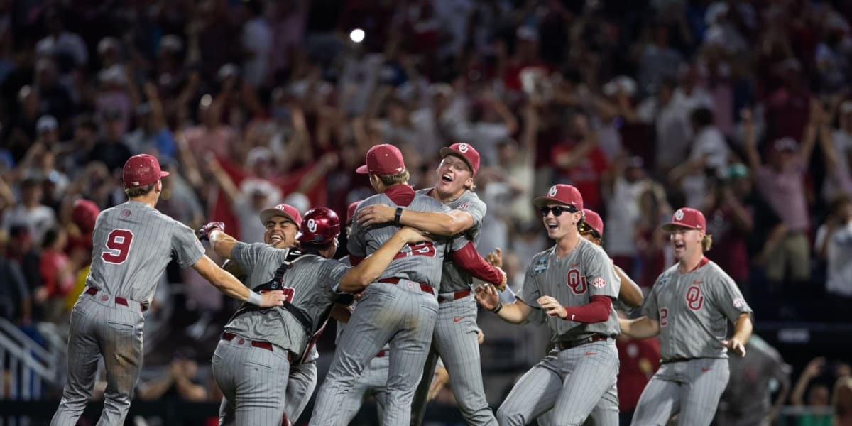Oklahoma Sooners baseball team celebrating their 2026 College World Series championship victory