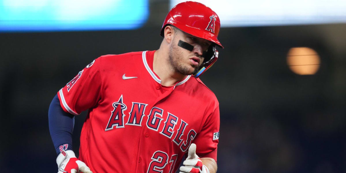 Mike Trout celebrating after hitting home run during Los Angeles Angels game