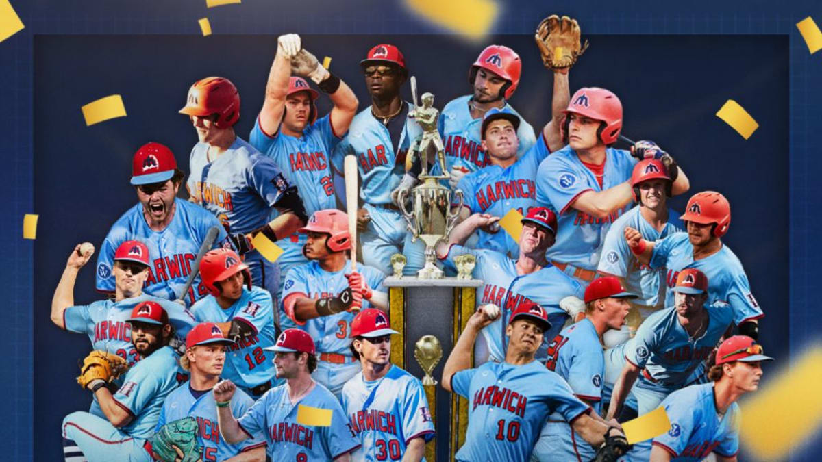 Harwich Mariners baseball team celebrating their 2026 Cape Cod Baseball League championship victory