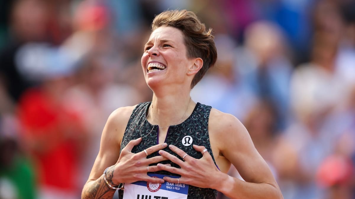 Nikki Hiltz celebrates after winning middle distance race at outdoor track meet