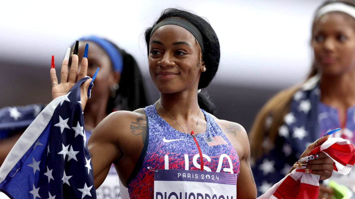 Sha'Carri Richardson crossing finish line at LA Grand Prix track meet in California