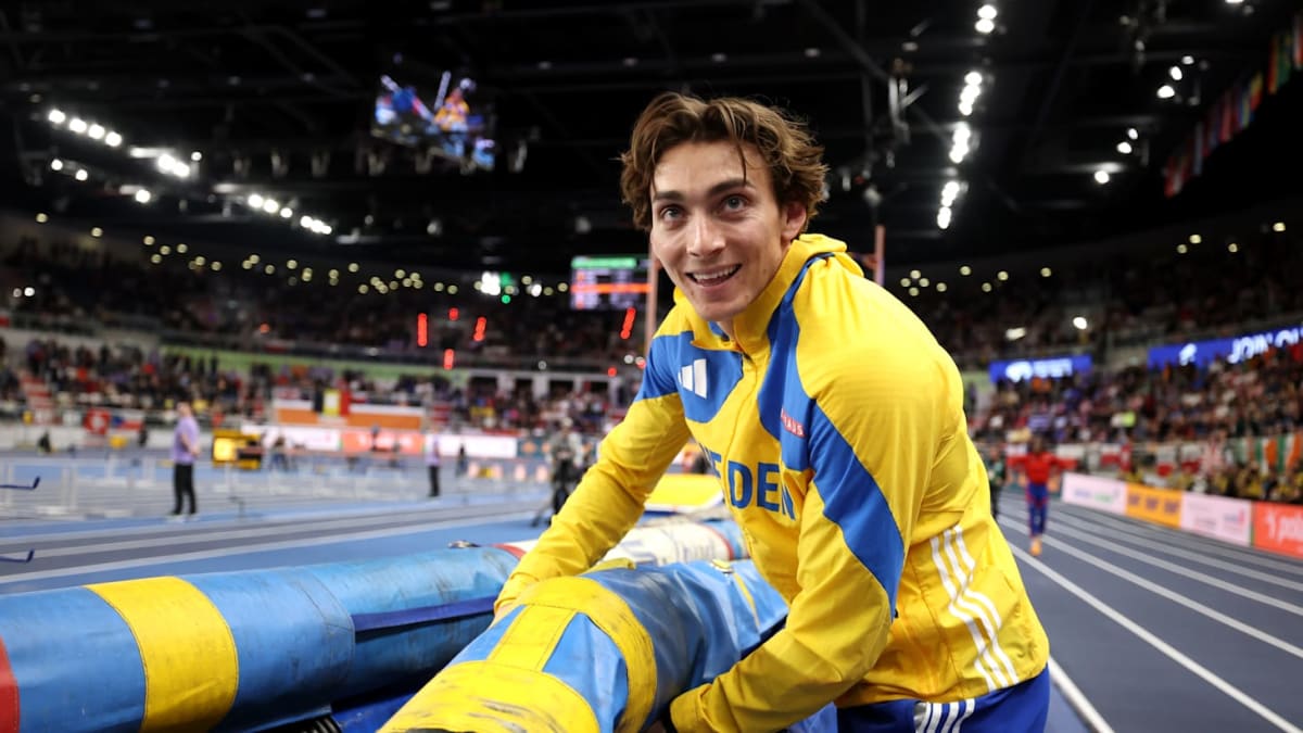 Swedish pole vaulter Mondo Duplantis celebrating after clearing the bar at competition