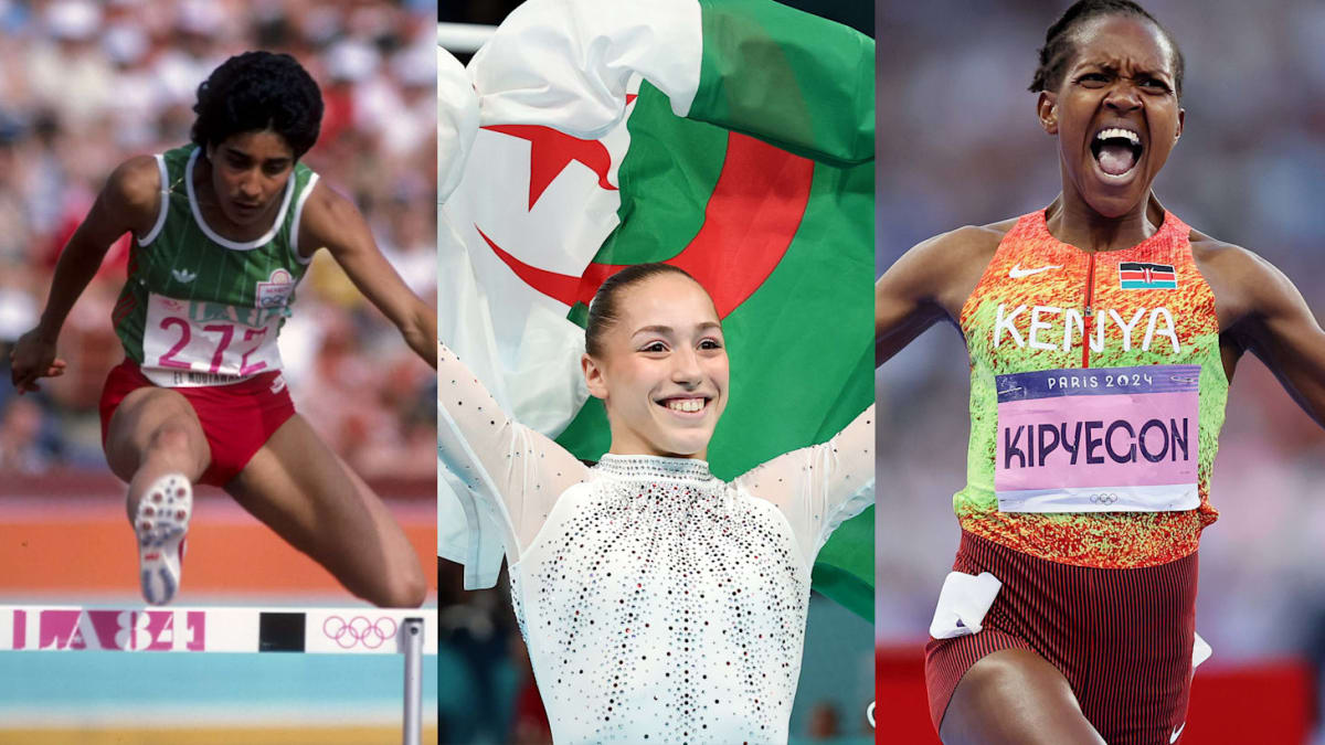** Nawal El Moutawakel holding Morocco's flag after winning 400m hurdles gold at 1984 Olympics