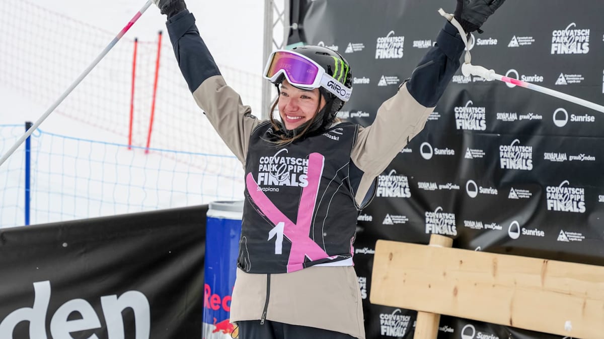 British freeskier Zoe Atkin performing a halfpipe trick during her Crystal Globe winning run in Switzerland