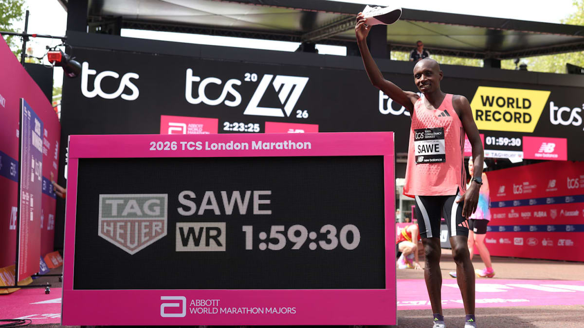Sabastian Sawe crossing the finish line at the 2026 London Marathon in celebration
