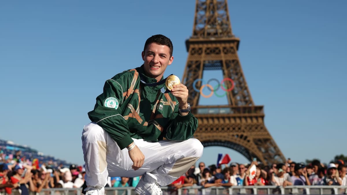Rhys McClenaghan celebrating after his pommel horse routine at Paris 2024 Olympics