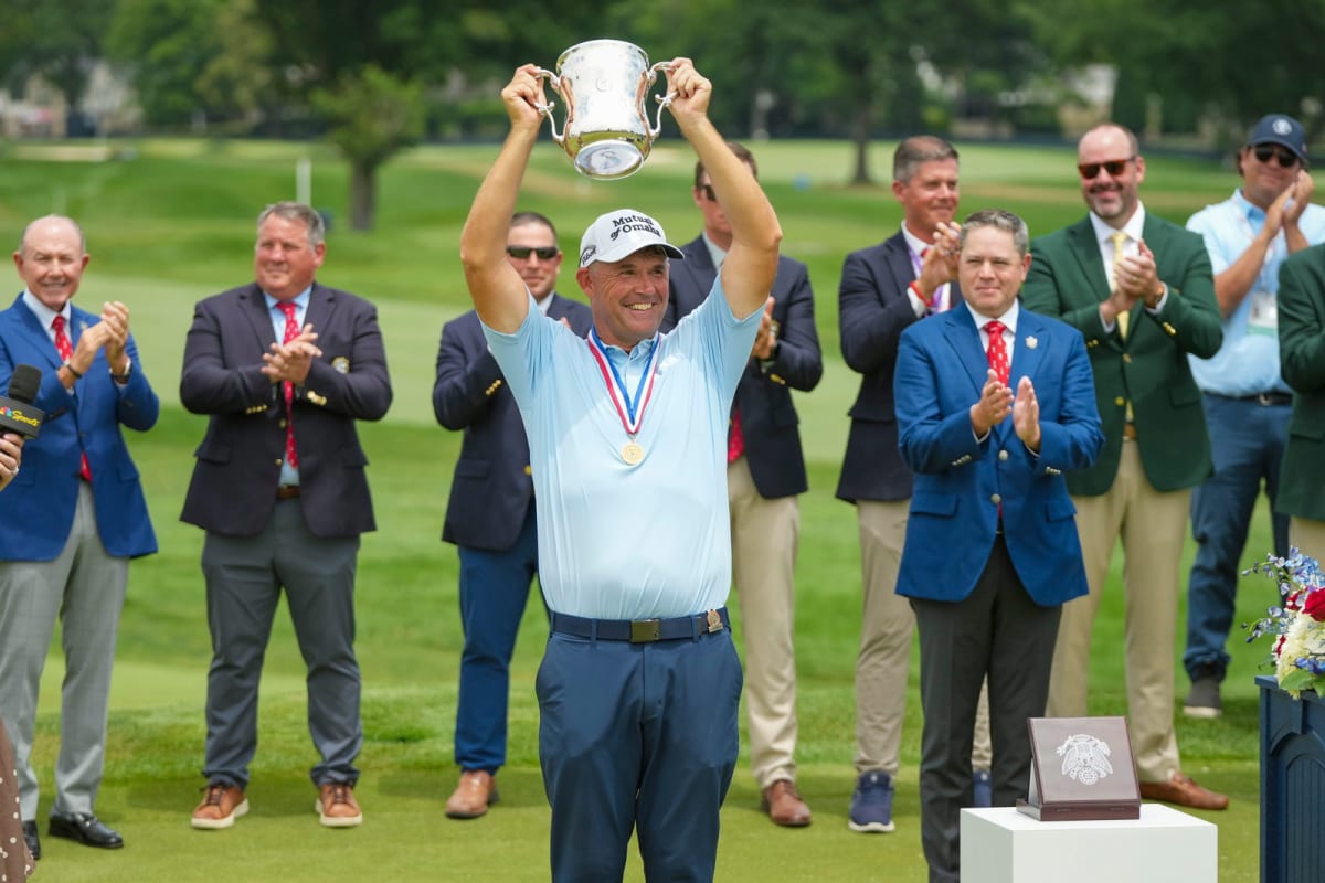 Pádraig Harrington holds Francis D. Ouimet Memorial Trophy after winning U.S. Senior Open