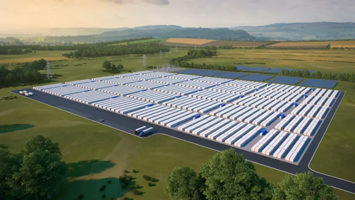 Rendering of Form Energy's long-duration iron-air battery storage facility with industrial buildings and equipment arrays