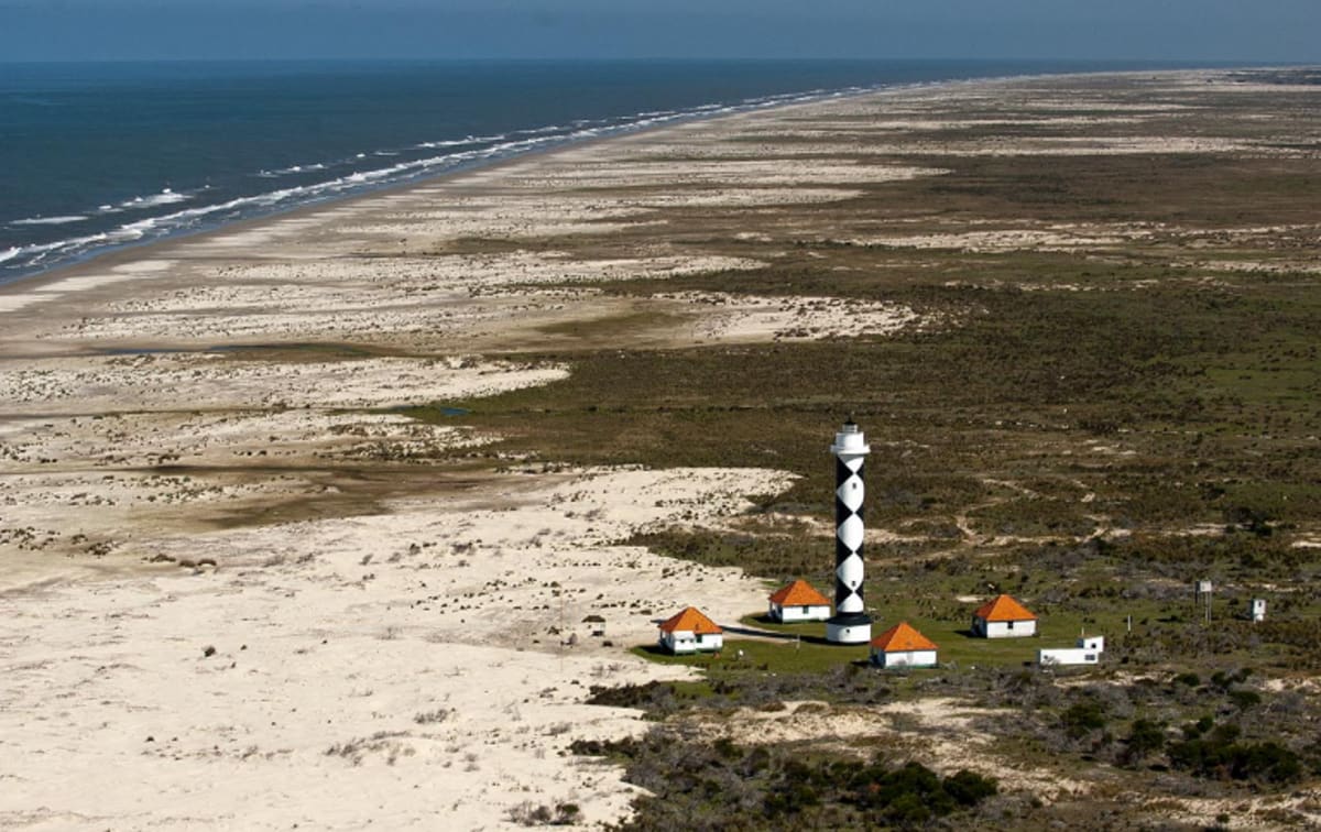 Aerial view of Albardão dune fields along Brazil's southern Atlantic coast with protected marine waters