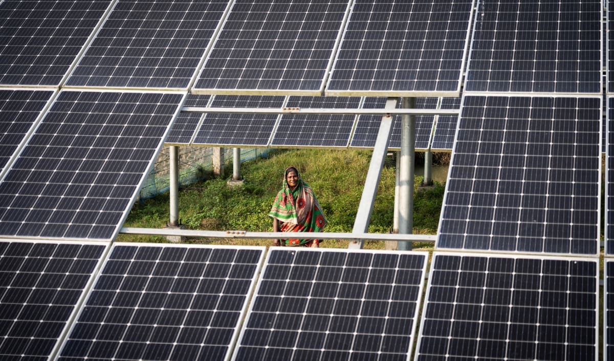 Large solar panel array at Teesta Solar facility in northern Bangladesh's Gaibandha district
