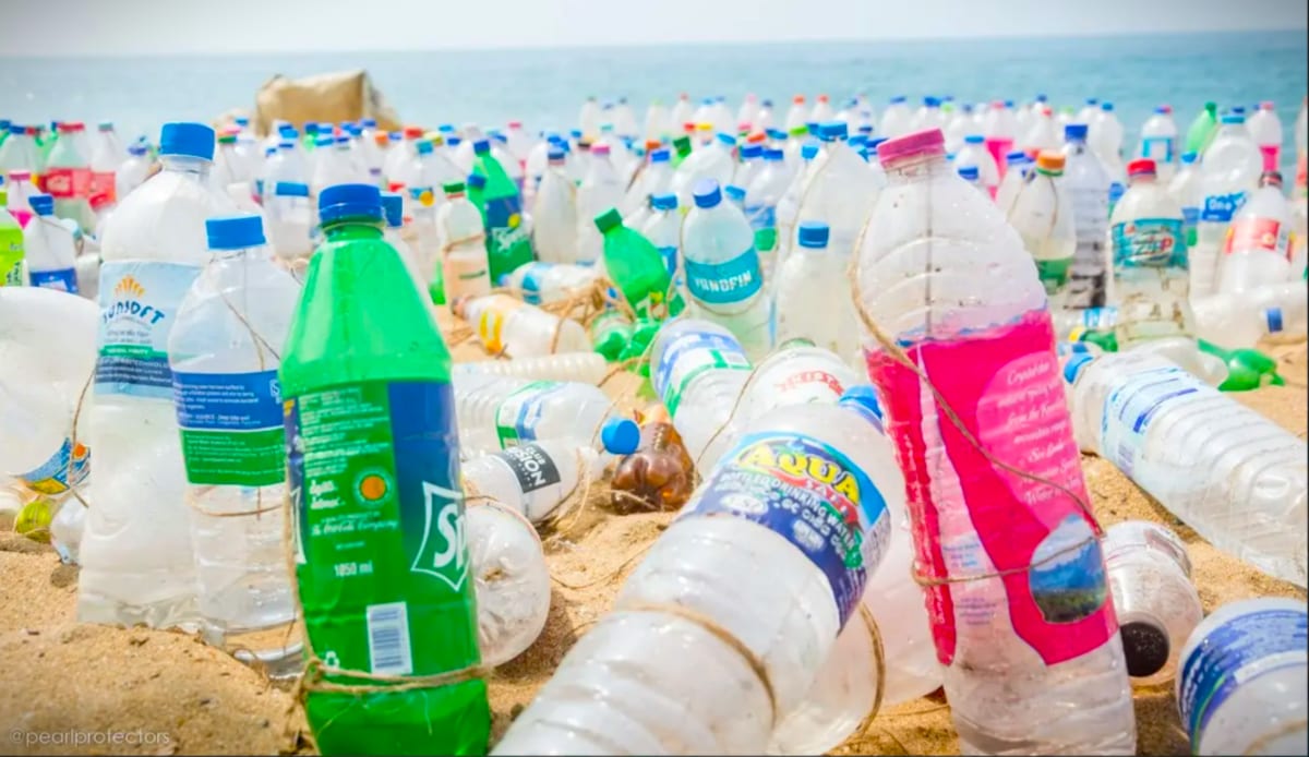 Plastic water bottles and shopping bags representing single-use pollution in Sri Lanka