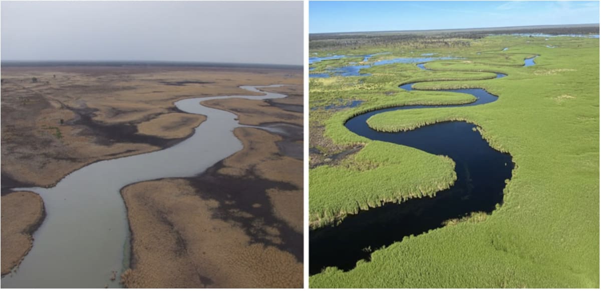 Aerial view of Great Cumbung Swamp showing wetland recovery with expanded water and vegetation