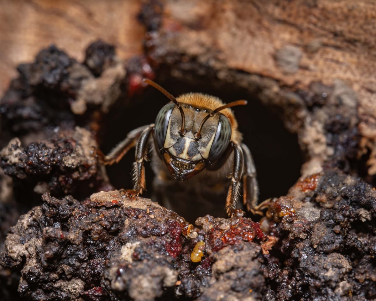 Native stingless bee emerging from natural hive in Peruvian Amazon rainforest