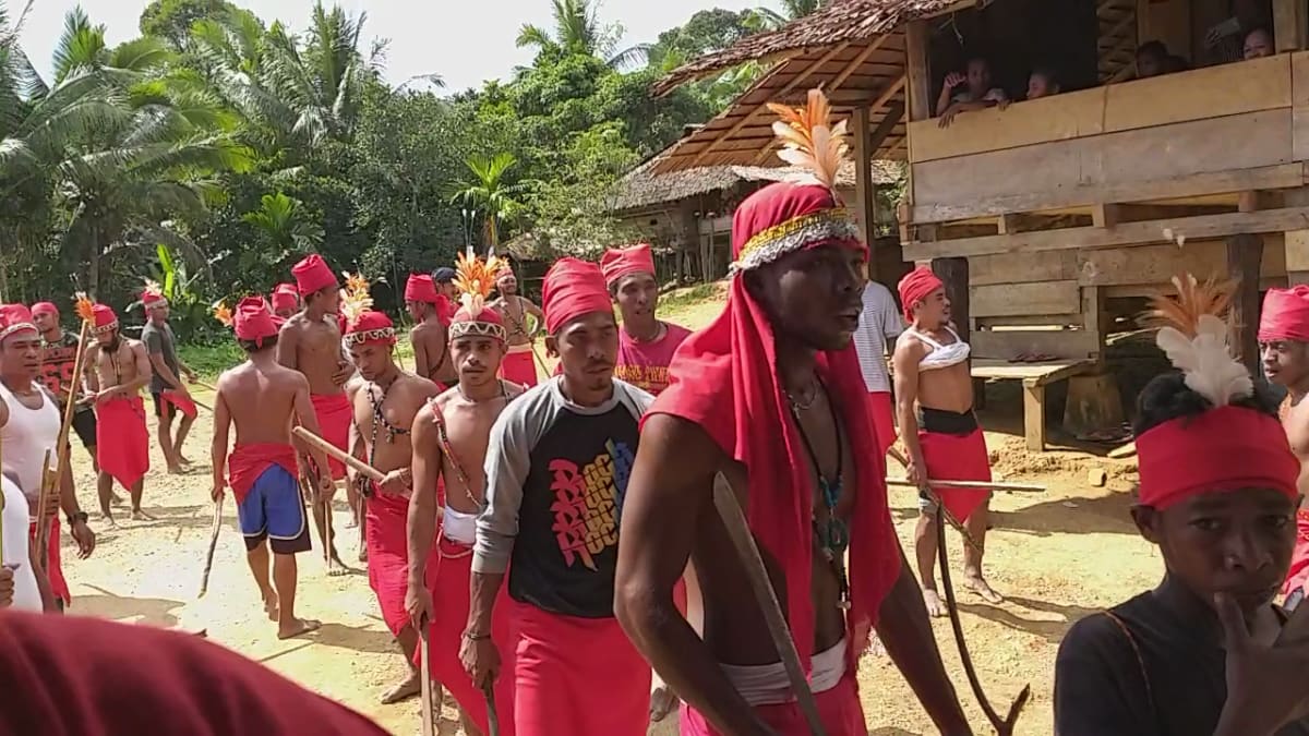 Young Huaulu men wearing traditional feather headdresses during Cidaku ceremony on Seram Island, Indonesia