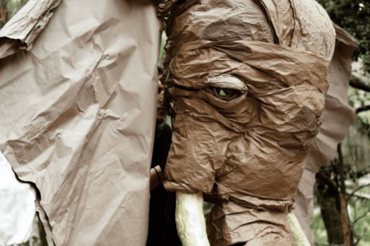 Hand-crafted elephant puppet with intricate details created for endangered species musical production