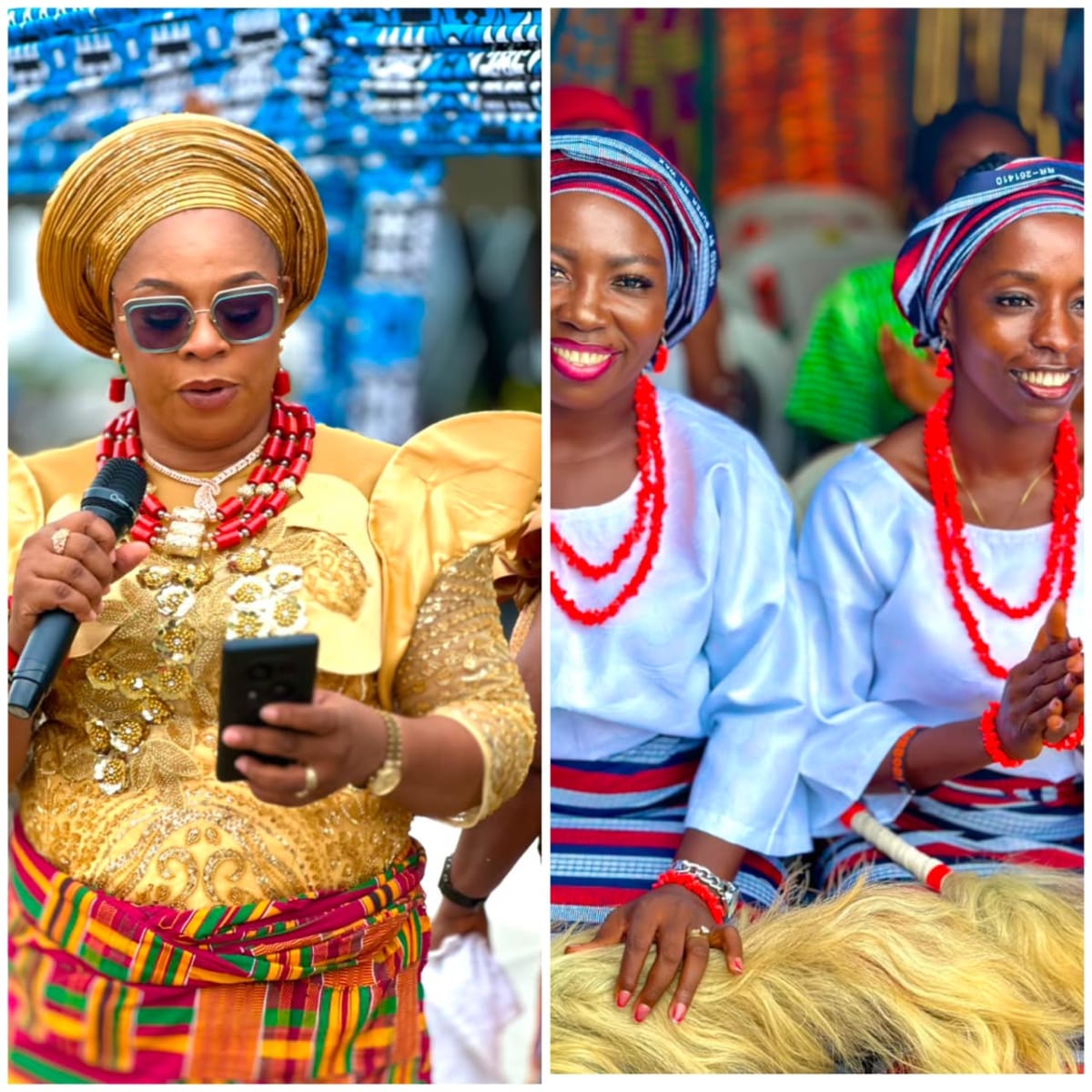 Nigerian women in colorful traditional costumes and cultural dress celebrating together at church festival