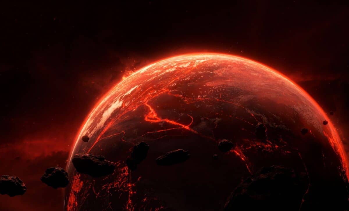 Artist rendering of rocky super-Earth TOI-561 b with thick atmosphere orbiting close to ancient star