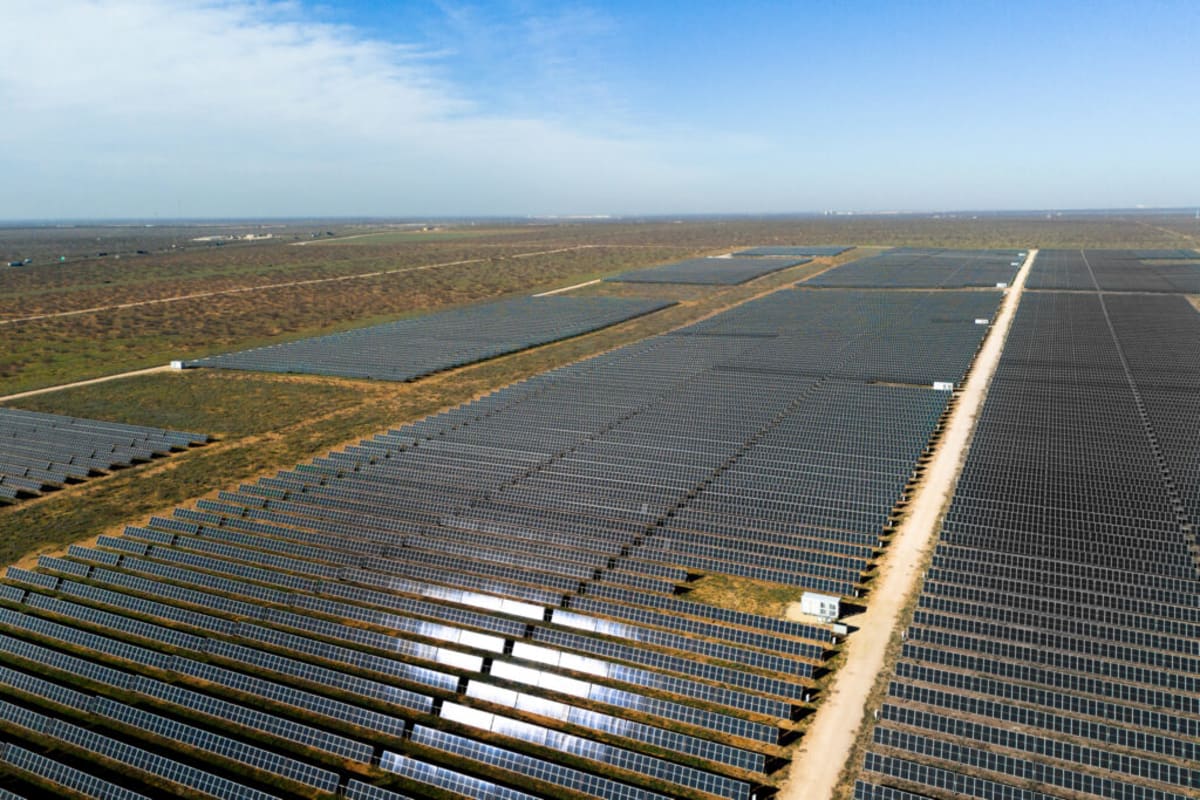 Rows of solar panels stretching across open Texas landscape under bright blue sky