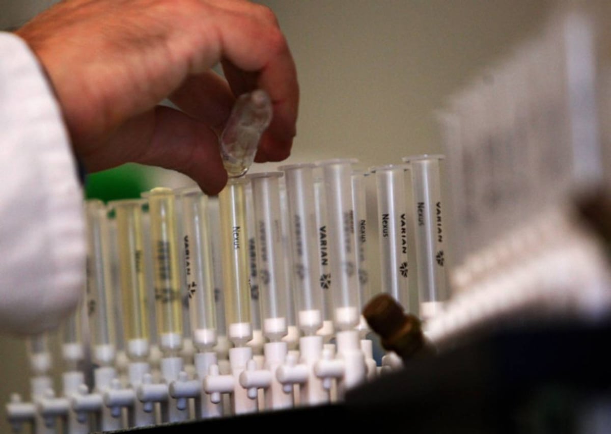 Forensic scientist examining samples in modern accredited toxicology laboratory facility