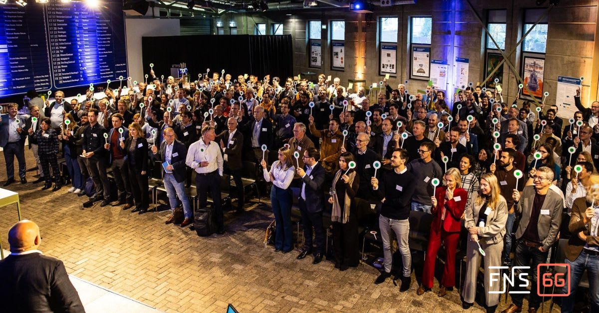 Futuristic wireless network visualization showing 6G technology connecting devices across Dutch cities