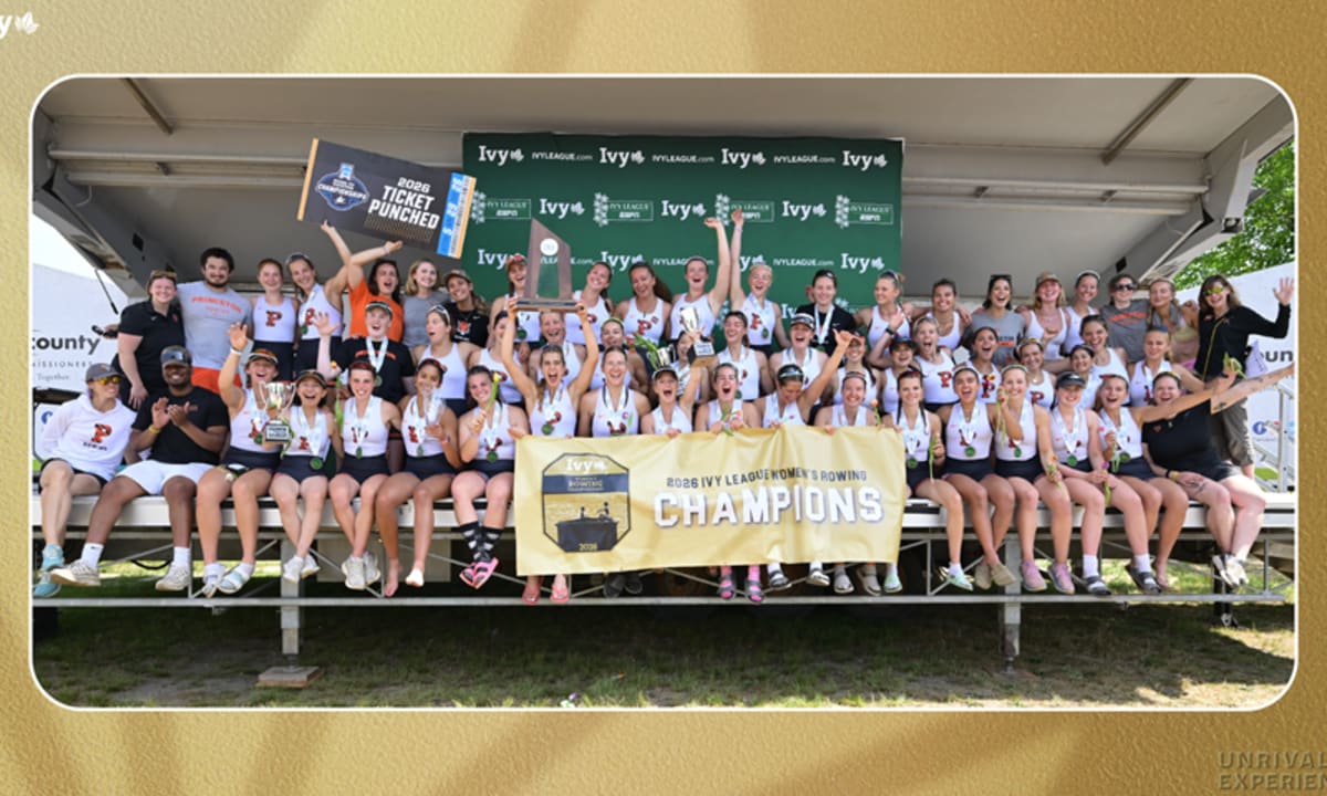 Princeton women's rowing team celebrates ninth consecutive Ivy League championship with oars raised