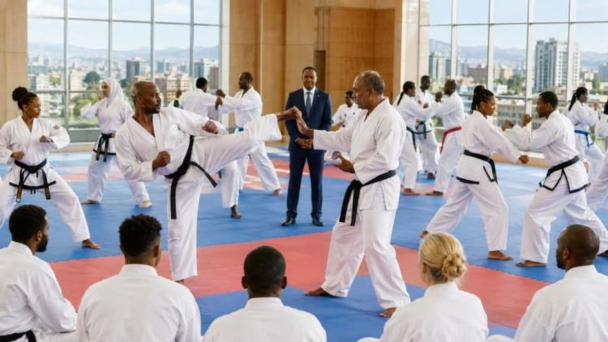 International taekwondo instructors training together in martial arts hall in Addis Ababa, Ethiopia
