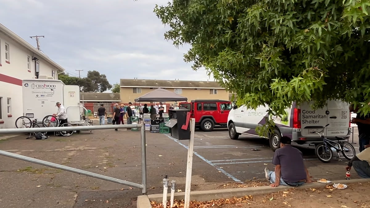 Volunteers provide essential services including showers and medical care to homeless residents in Santa Maria parking lot
