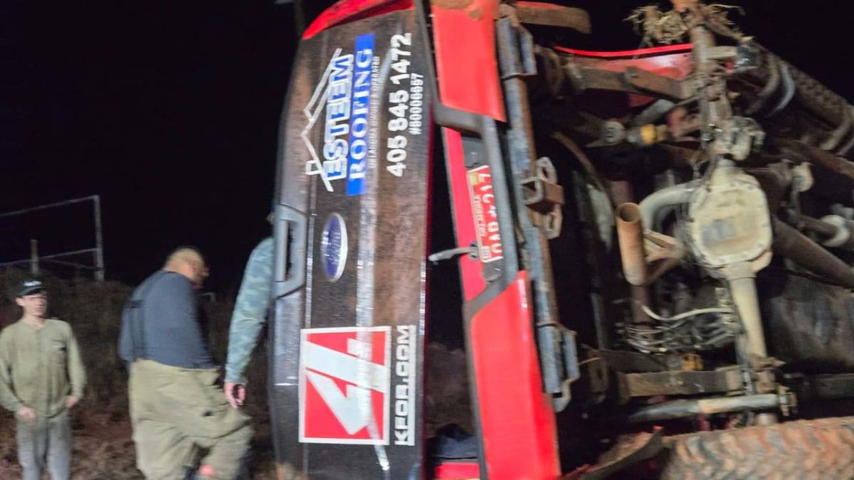Overturned storm chaser vehicle on Oklahoma highway after severe weather accident