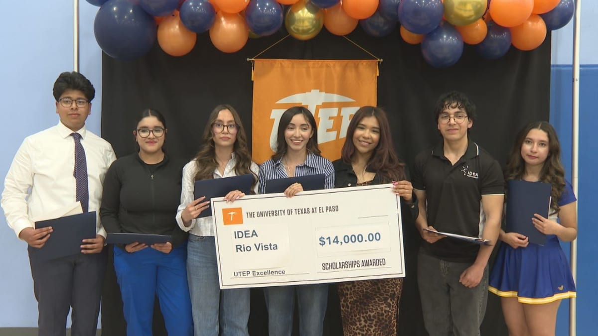 Seven IDEA Rio Vista high school students holding certificates celebrating their UTEP Excellence Scholarship awards