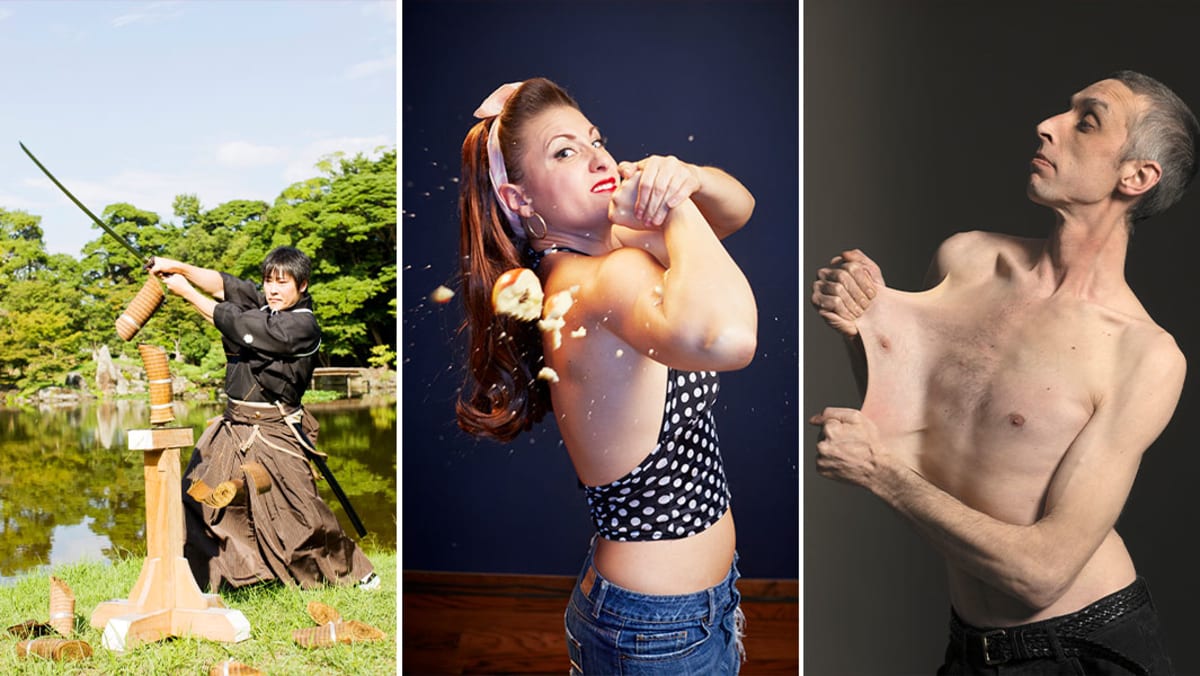 Collage of world record holders performing extraordinary physical feats and superhuman abilities
