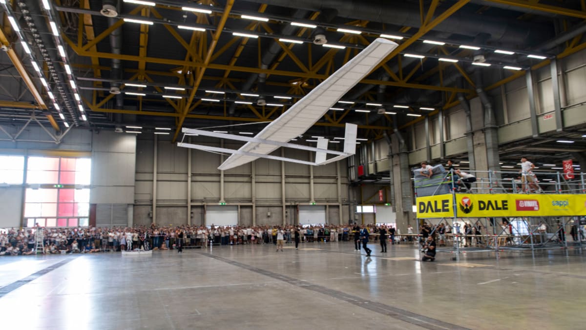 Massive paper airplane with 65-foot wingspan flying indoors at Bologna event