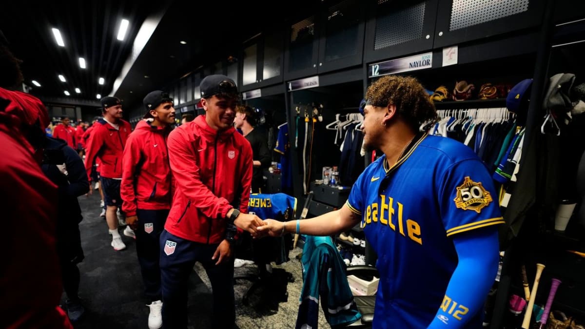 U.S. Men's National Soccer Team lined up at T-Mobile Park in Seattle before Mariners game