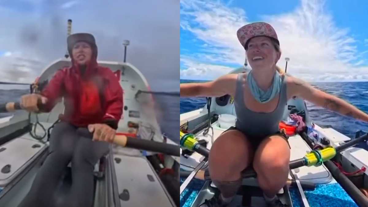 Kelsey Pfendler rowing her 21-foot boat Lily across the Pacific Ocean toward Hawaii