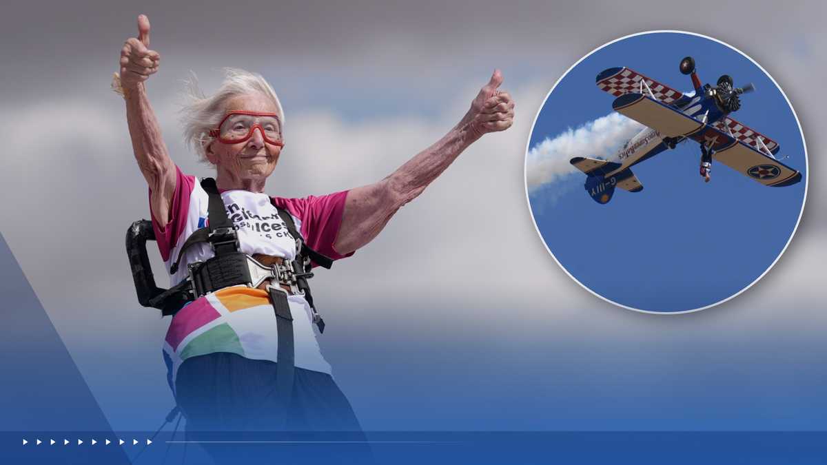 97-year-old Betty Bromage strapped to top of airplane wing during record-breaking wing walking flight