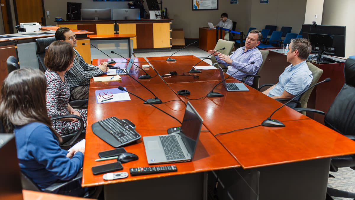 Lawrence Mayor Brad Finkeldei meeting with Environmental Sustainability Advisory Board members in city hall