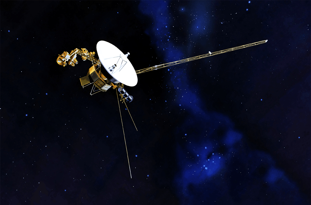Artist rendering of Voyager spacecraft traveling through distant interstellar space with stars in background