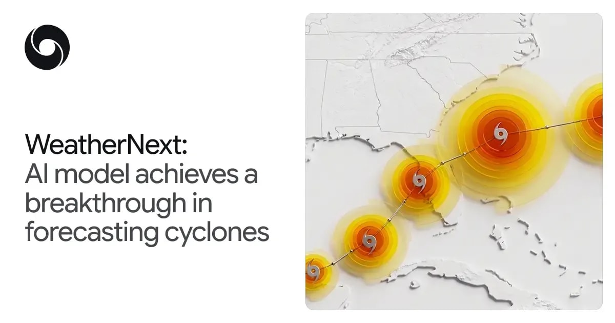 Satellite view of hurricane spiral with digital AI overlay showing prediction data patterns