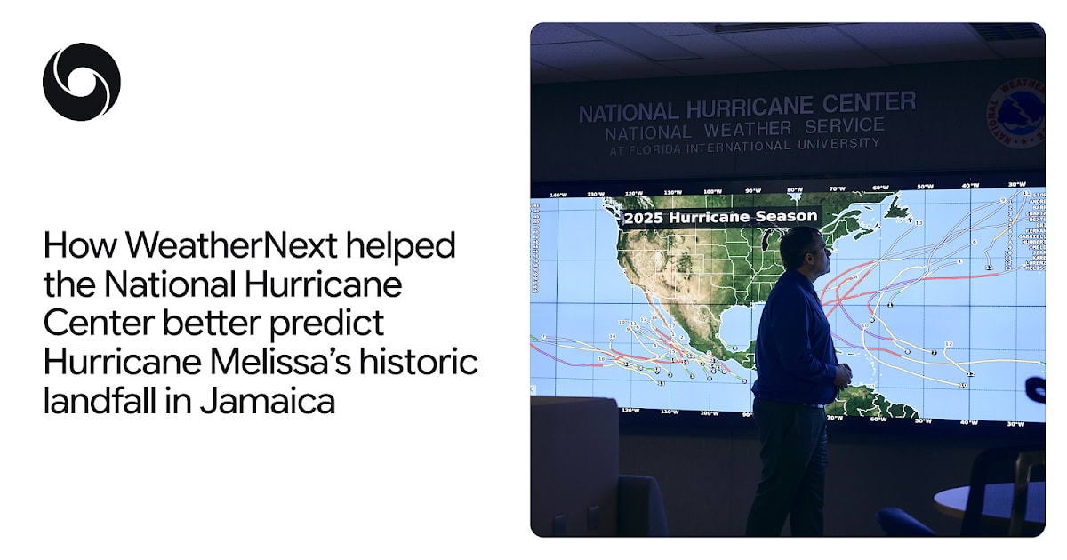 ** Satellite view of Hurricane Melissa with digital AI overlay showing prediction patterns and tracking data