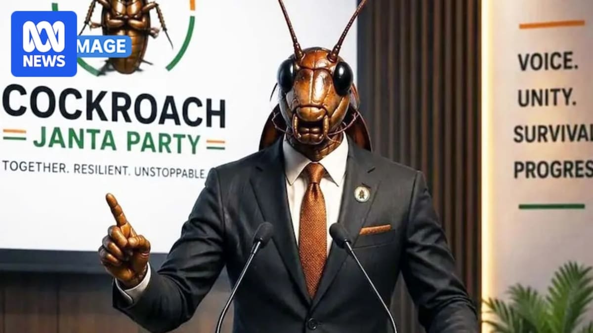 Young protesters in cockroach costumes at rally supporting India's satirical Cockroach Janta Party movement