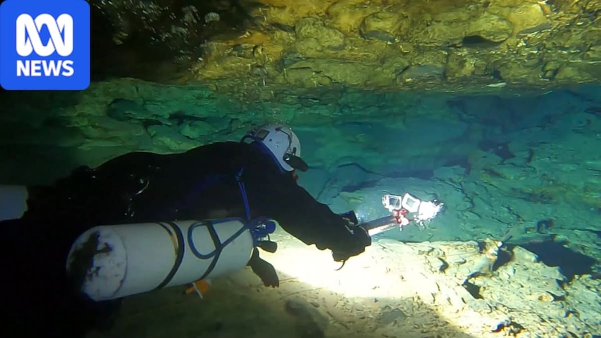 Cave diver with multiple action cameras and lights exploring underwater limestone passages
