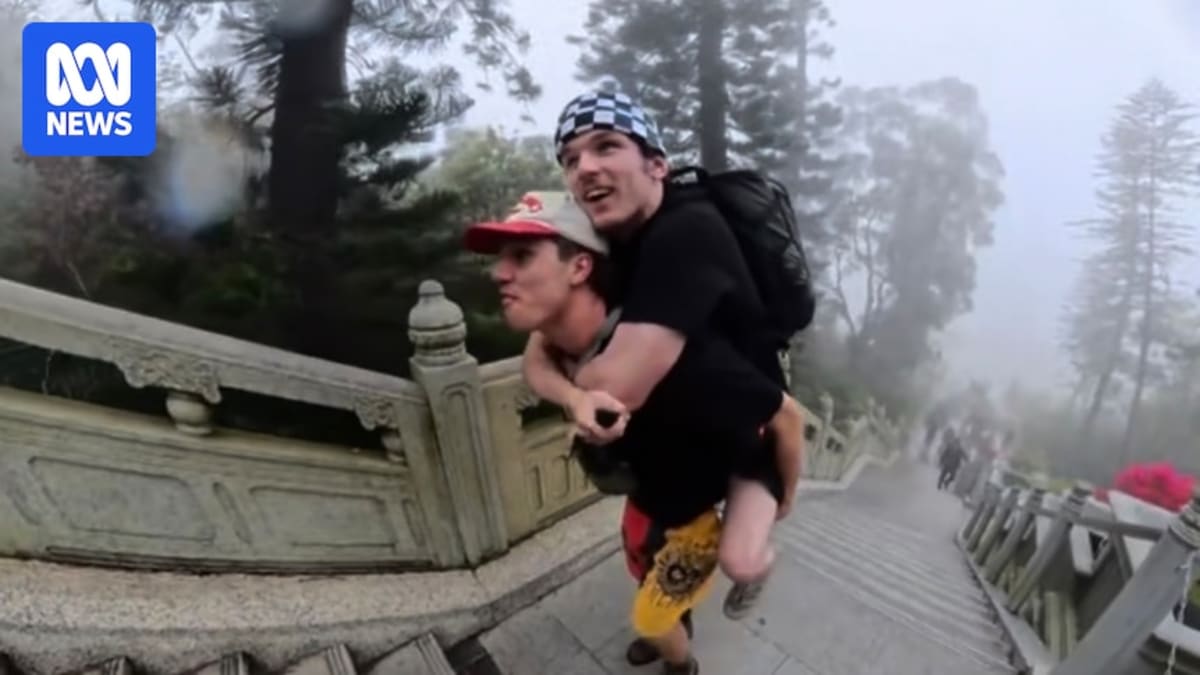 ** Two young men smiling together, one in wheelchair, at scenic outdoor travel location