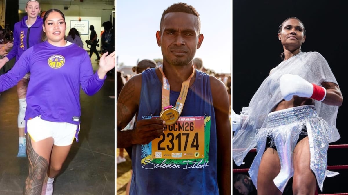 Pacific Island athletes competing in various sports including running, basketball, and boxing competitions