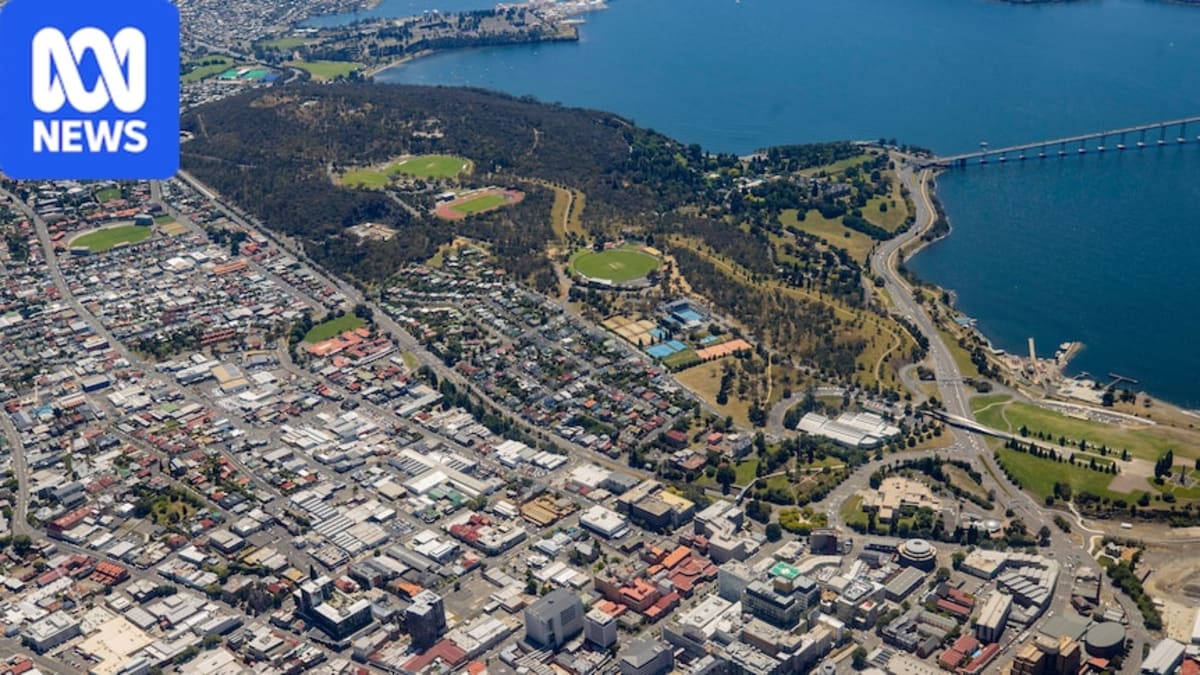 Aerial view of Queens Domain parkland near Hobart showing proposed Aboriginal cultural centre site